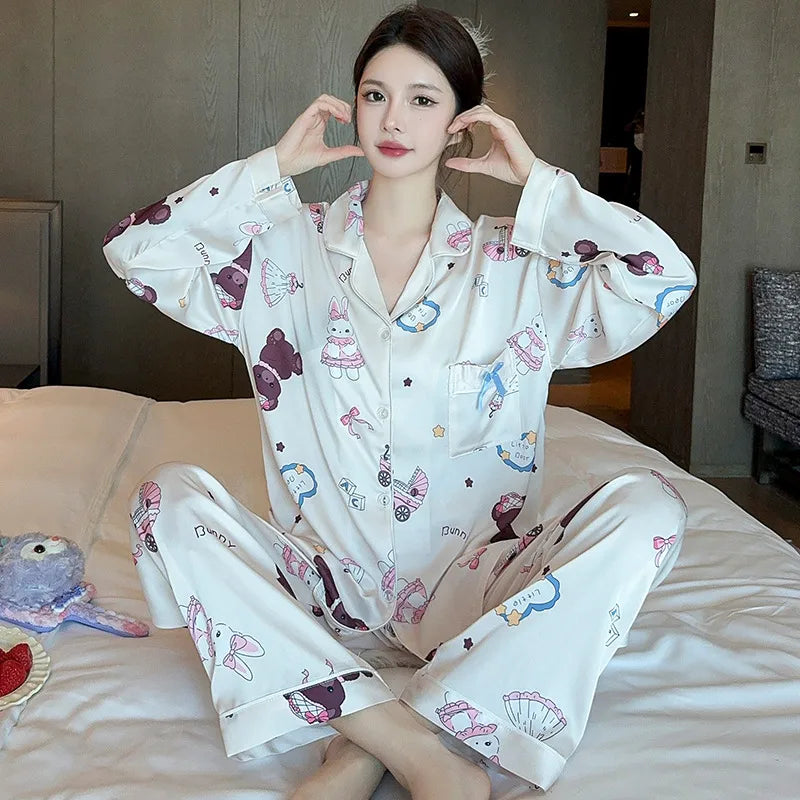 French Anti-Aging Sleepwear Women's Spring Autumn New Simple Polka Dot Long Sleeve Long Pants Ice Silk Home Clothes Fashion Set