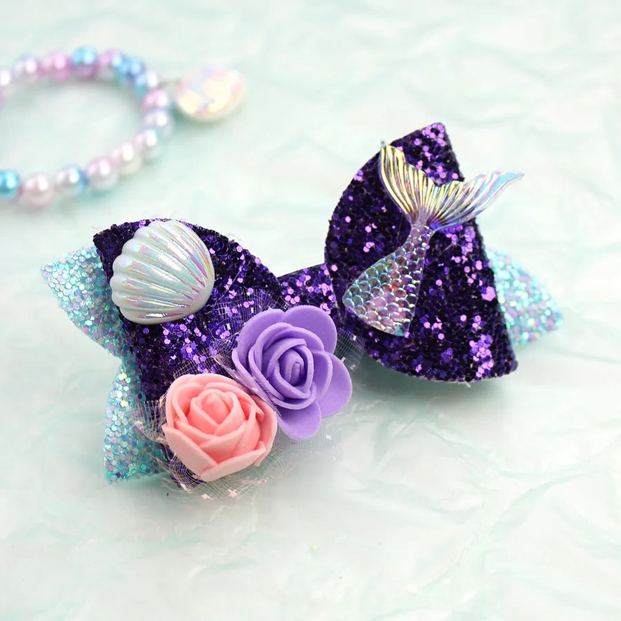 Amazon's Hottest Mermaid Princess Glitter Bow Shell Pearl Children's Girl Cute Hairpin