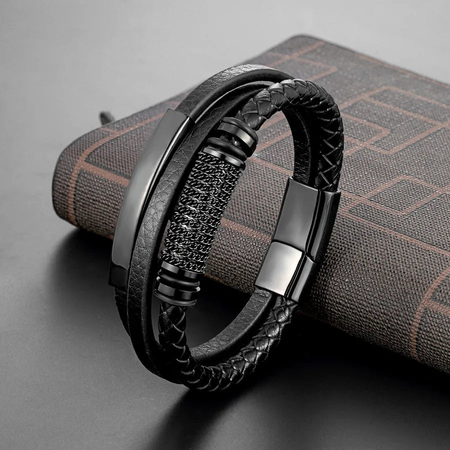 Retro Punk Geometric 316L Stainless Steel  Leather Plating Men's wristband Men Cord & Leather Bracelets