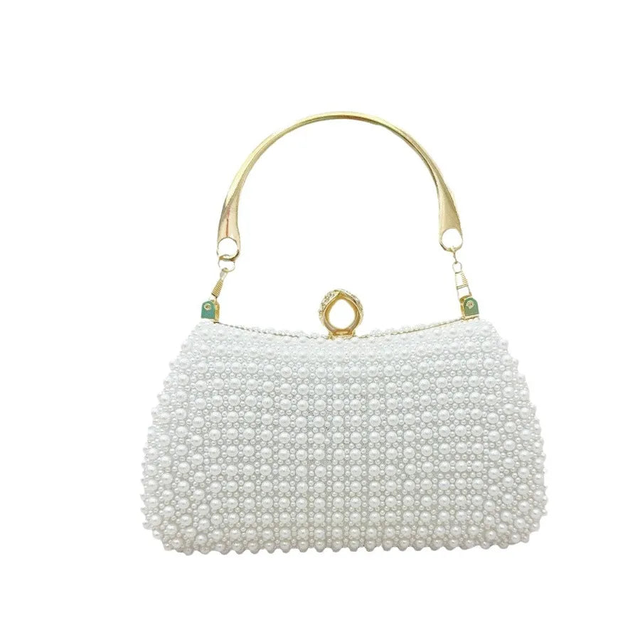 White Beige Black Polyester Solid Color Pearls Evening Bags