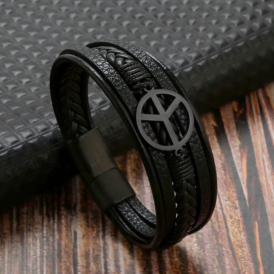 classical simple style roman style solid color stainless steel pu leather handmade men's bracelets
