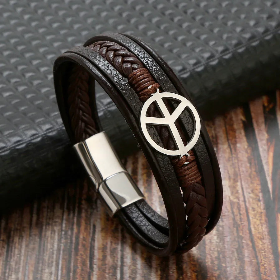 classical simple style roman style solid color stainless steel pu leather handmade men's bracelets