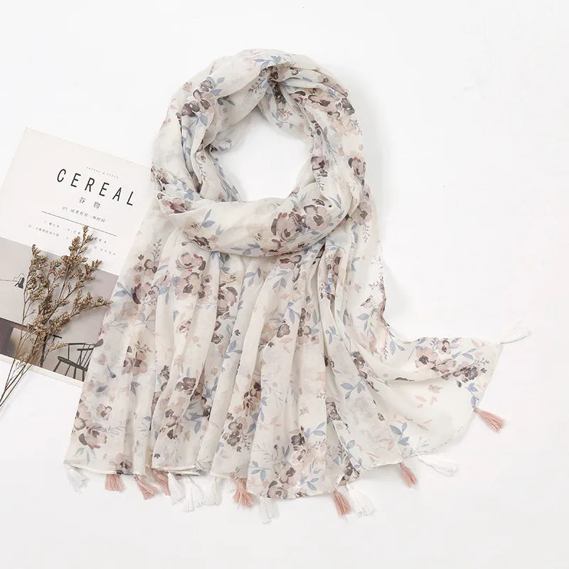 women's sweet flower cotton and linen tassel silk scarves