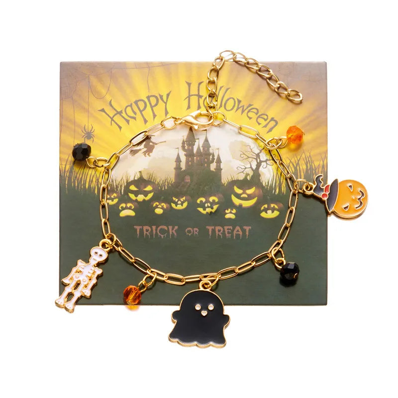 Halloween Elements Pumpkin Devil Paper Card Metal Bracelet Dark Style Cartoon Design Alloy Material Women's Fashion Jewelry