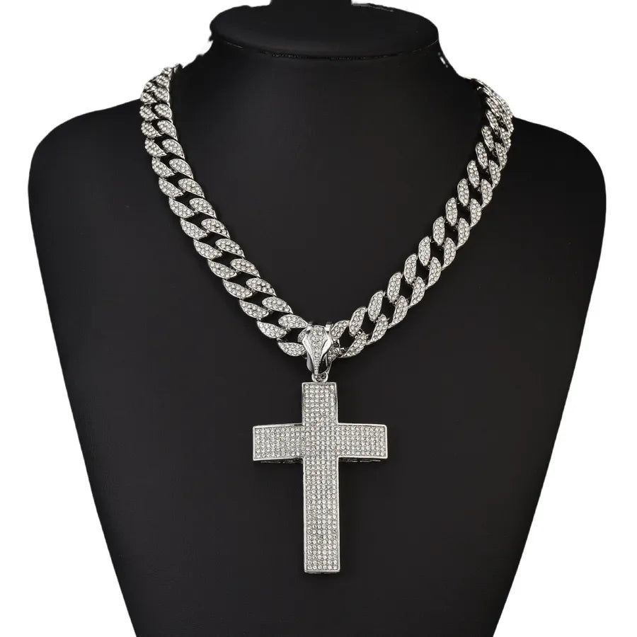 Hip-Hop Punk Cross Rhinestones Zinc alloy Cuban Link Chain Curb Chain Pendant Necklaces Wholesale