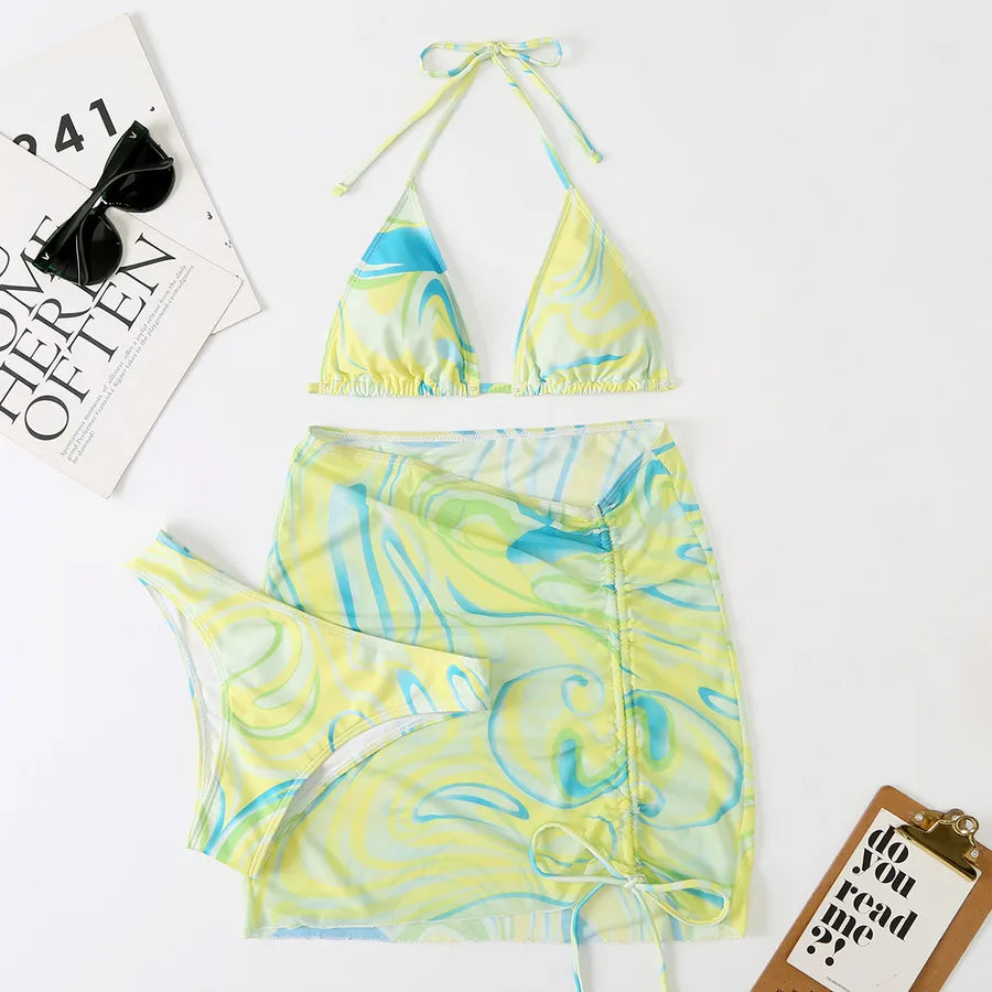 Women's Vacation Waves 3 Pieces Set Bikinis Swimwear