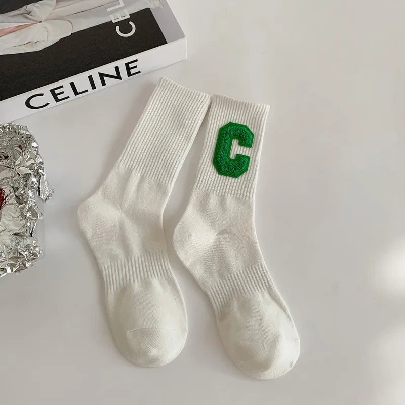 women's casual letter solid color cotton crew socks a pair