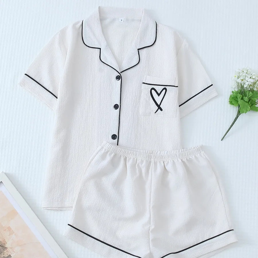 Home Women's Vacation Simple Style Heart Shape Polyester Shorts Sets Pajama Sets