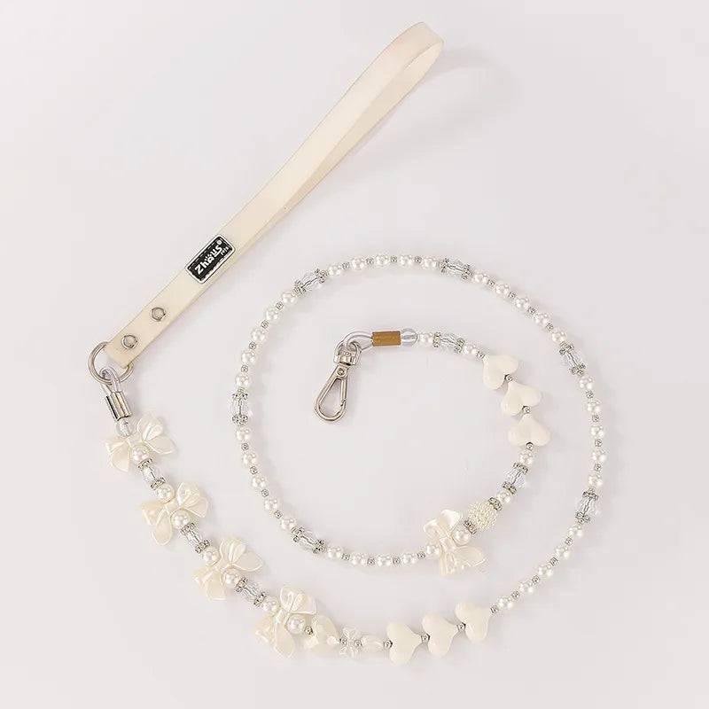 All Seasons Cute Pu Leather Imitation Pearl Geometric Leash Pet Collar