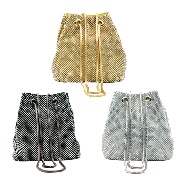 black gold silver rhinestone satin solid color rhinestone bucket evening bags