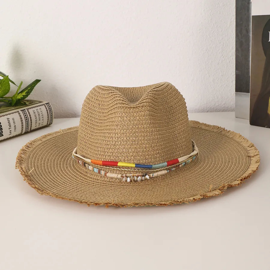 Women's Casual Vacation Beach Solid Color Beaded Big Eaves Straw Hat