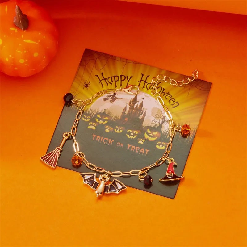 Halloween Elements Pumpkin Devil Paper Card Metal Bracelet Dark Style Cartoon Design Alloy Material Women's Fashion Jewelry