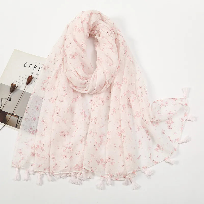 women's sweet flower cotton and linen tassel silk scarves