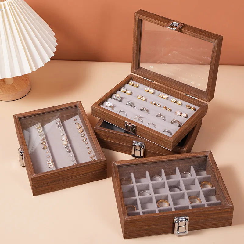 Black Walnut Wood Grain Dustproof Cover Jewelry Box Bracelet Earring Necklace Storage Case Vintage Style Wooden Jewelry Case