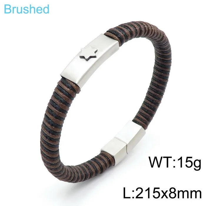 Hip-Hop Retro Color Block Pu Leather Titanium Steel Braid 18K Gold Plated Men's Bangle