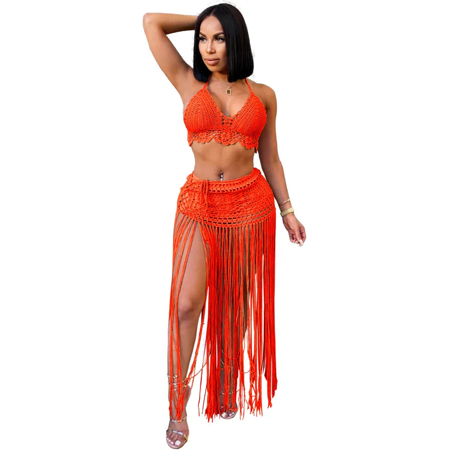 Daily Beach Women's Sexy Solid Color Polyacrylonitrile Fiber Hollow Out Skirt Sets Skirt Sets