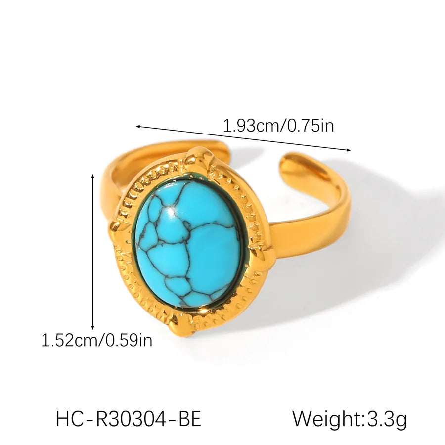 Wholesale Jewelry Casual Retro Irregular Oval Eye 304 Stainless Steel Natural Stone Turquoise 18K Gold Plated Polishing Plating Inlay Open Rings Rings