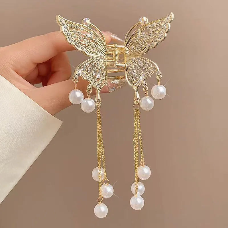 Alloy butterfly hairpin Korean high-end sense exquisite pearl tassel hair accessories half hair clip women's headdress wholesale