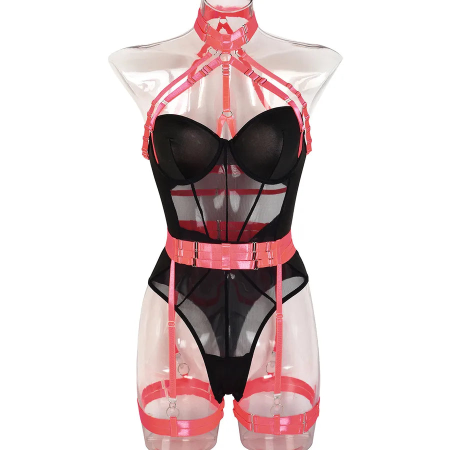 european station cross-border new sexy jumpsuit ins mesh strap stitching complex heavy craft neck sling leg ring