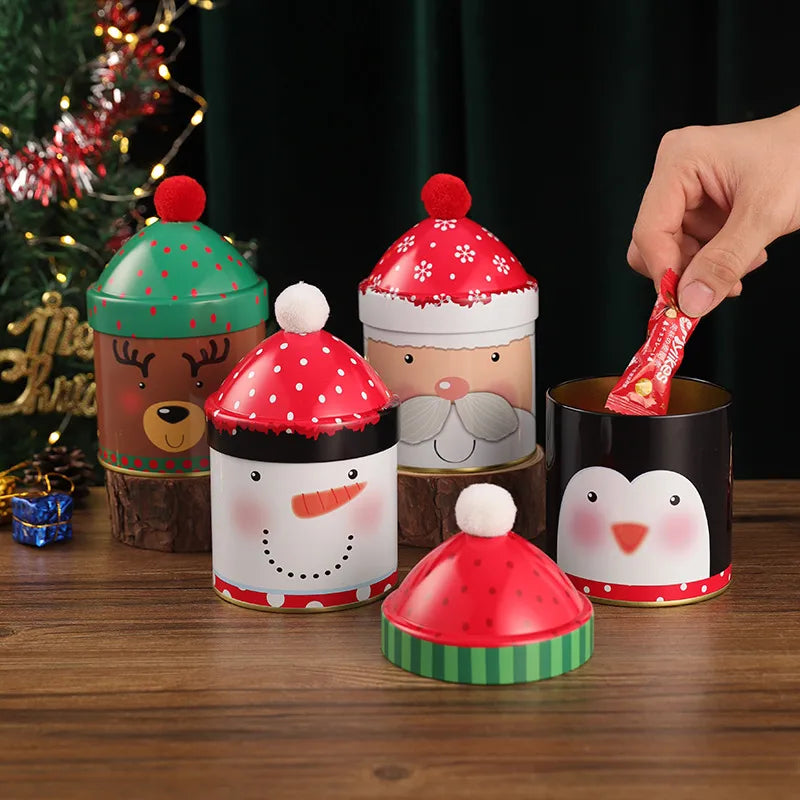 Adorable Christmas Candy Box Santa Claus Reindeer Snowman Storage Can Personalized Christmas Hat Iron Box Gift Packaging