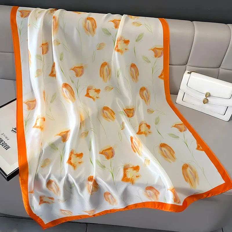 New Tulip Flower Silk Beach Towel Women's High-end Gift  Summer Sun Protection Neck Protection