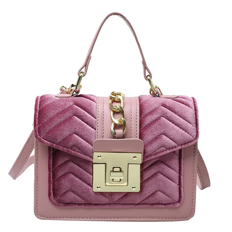 Women's Small velvet Solid Color Elegant Square Lock clasp Square Bag