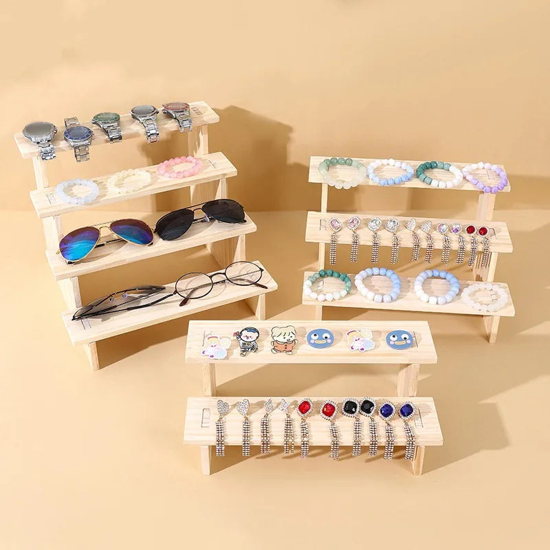 Rustic Wooden Staircase Display Stand For Accessories Toy Figure Eyewear Vintage Design Jewelry Live Broadcast Props Stand