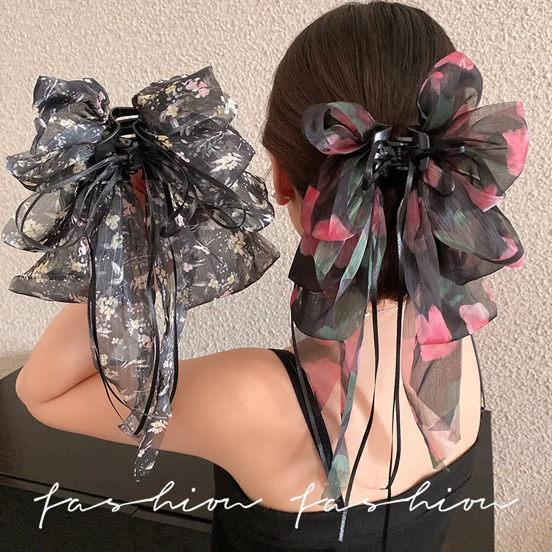Princess Style Floral Butterfly Knot Hair Clip Women's High Sensation Tail Shark Clamp Half Up Half Down Hair Clip