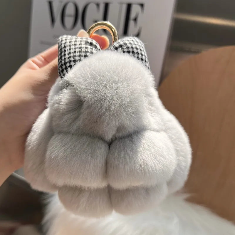 Cute real Rex rabbit fur bow rabbit car key chain pendant plush doll schoolbag bag hanging ornaments wholesale