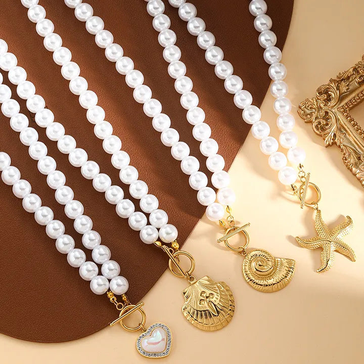 Baroque Style Marine Style Modern Style Starfish Conch Heart Shape Imitation Pearl Titanium Steel Beaded Chain OT Clasp Toggle Clasp Closure Beaded Necklaces Wholesale
