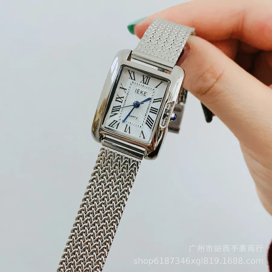 IEKE Ladies Square Watch Roman Numeral Vintage Wheat Ear Strap Versatile Luxury Quartz Watch Rectangular Dial Single Fold Clasp