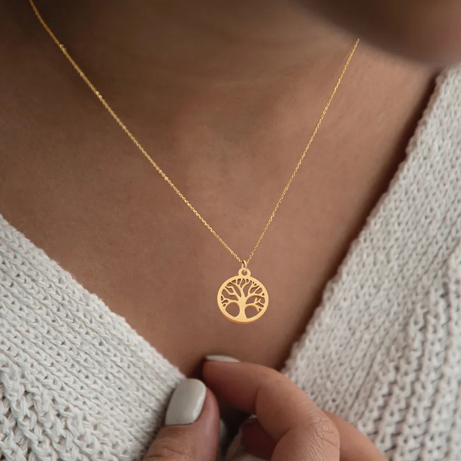 Wholesale Jewelry Elegant Simple Style Classic Style Round Life Tree 201 Stainless Steel 304 Stainless Steel Pendant Necklace cable chain