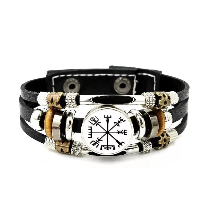 New Alloy Beads Woven Bracelet Nordic Viking Pirate Aoding Logo Compass Leather Bracelet for Men and Women