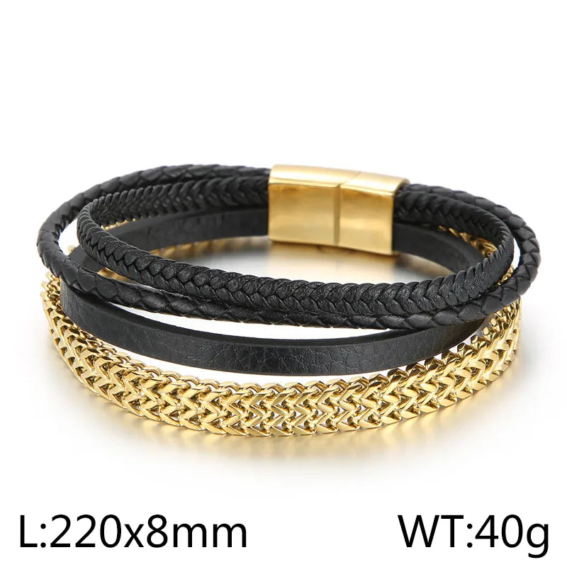 Fashion Round Stainless Steel Cowhide Patchwork 18K Gold Plated Men'S Bracelets