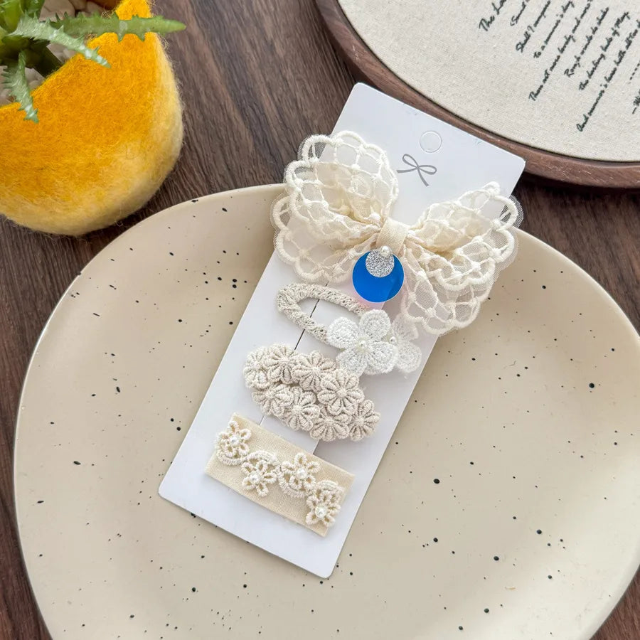 New Arrival French Lace Butterfly Knot Hair Clip Set Cute Flower Design 4 Pack Baby Headwear Princess Style Girls Hair Accessories