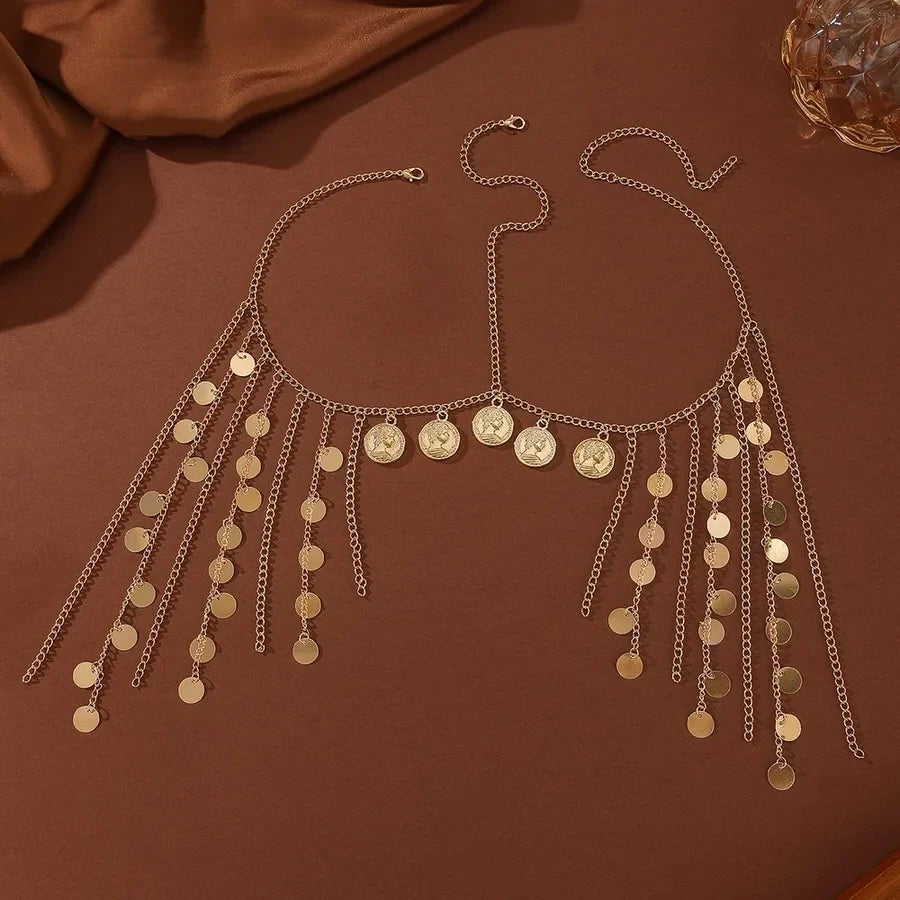 New Gold CCB Beauty Head Coin Metal Sequin Tassel Head Chain Women's Fashion Trend Geometric Pattern Alloy Hair Accessories
