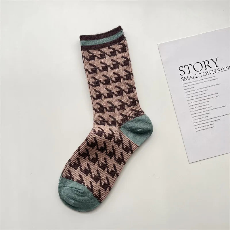 women's retro houndstooth polyacrylonitrile fiber crew socks a pair