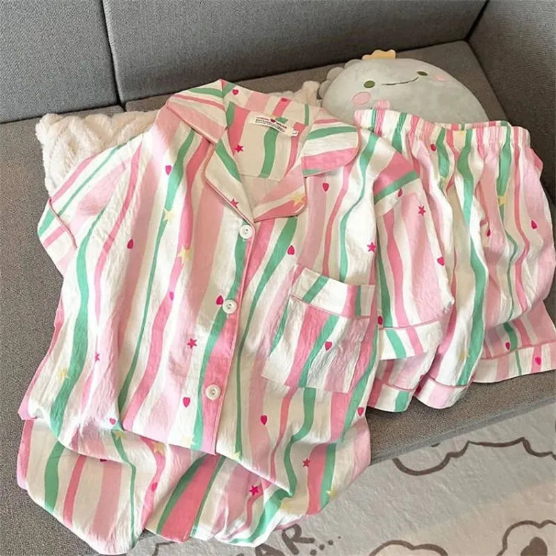 Pajamas Women's Summer Clouds Cotton  New Sweet Cute Cardigan Casual Short Sleeve Shorts Home Clothes suit