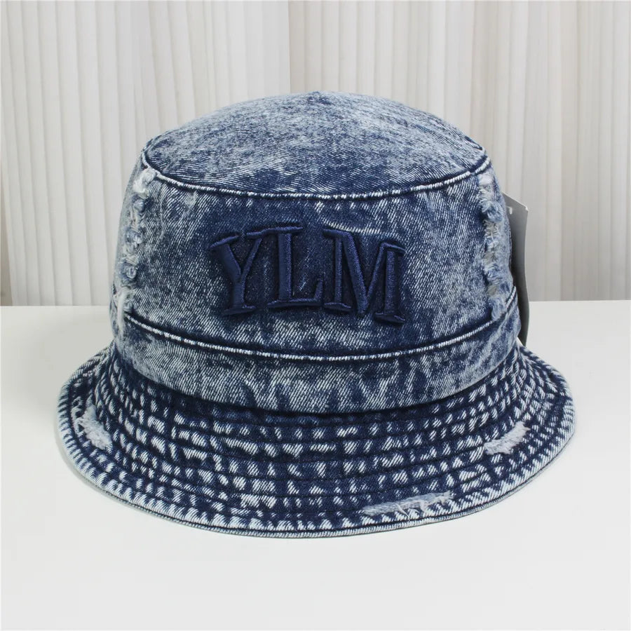 Retro New Style Denim Fishing Cap Women's Harajuku Sun Protection Bucket Hat Cuffed Tear Design Casual Versatile Streetwear