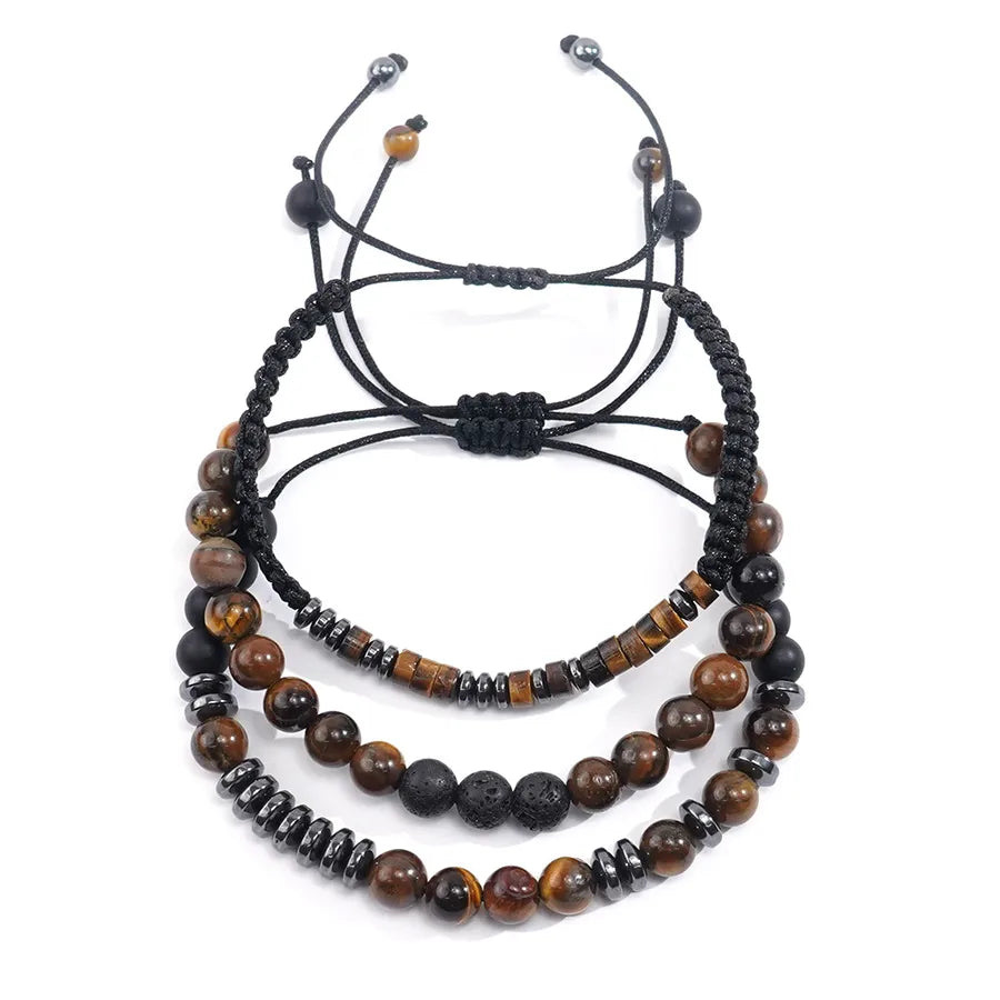 Retro Geometric Round natural stone rope Tiger Eye Beaded Unisex Drawstring Bracelets