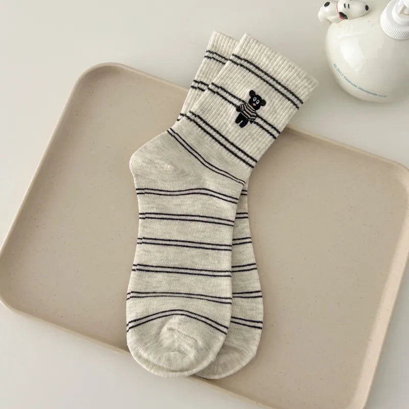 Spring and Summer suxinaimin Cute Dog Embroidered Trendy Healing Striped Mid-Socks Ins Casual Piled Socks