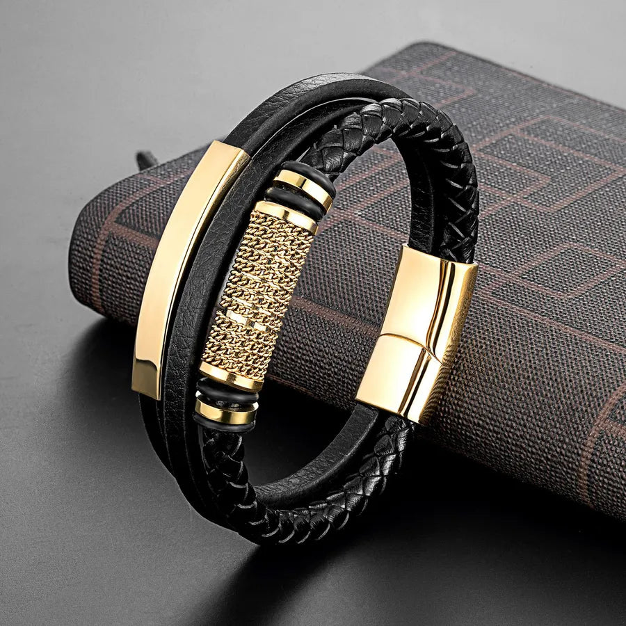 Retro Punk Geometric 316L Stainless Steel  Leather Plating Men's wristband Men Cord & Leather Bracelets