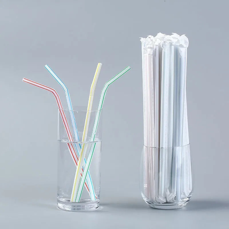 In stock wholesale disposable plastic straw soybean milk beverage thin straw black elbow independent packaging 100 pcs