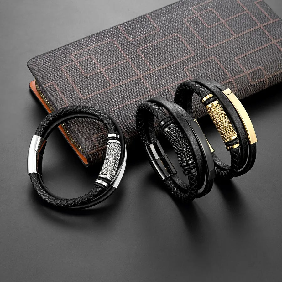 Retro Punk Geometric 316L Stainless Steel  Leather Plating Men's wristband Men Cord & Leather Bracelets