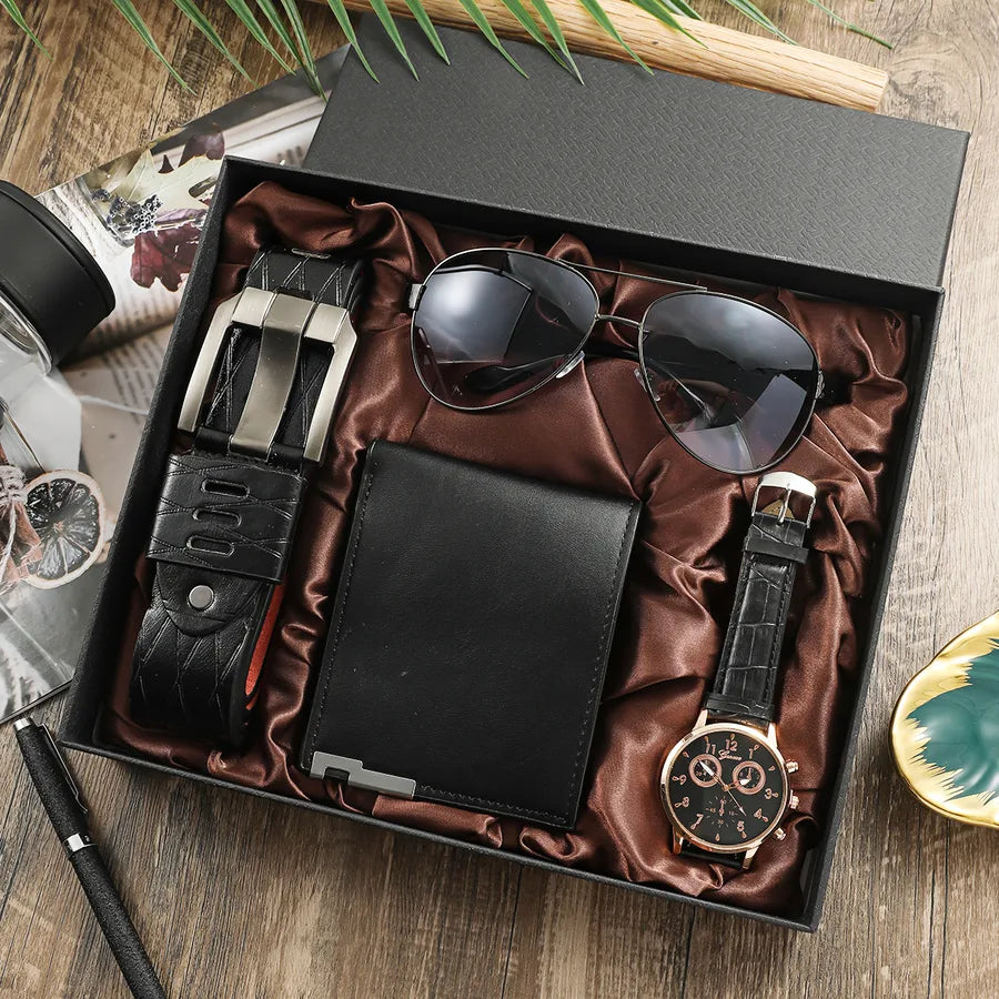 Business Color Block Folding Buckle Quartz Men's Watches Gift Set
