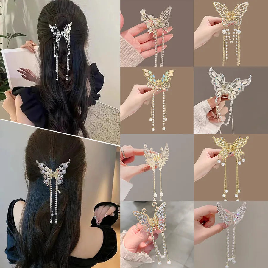 Alloy butterfly hairpin Korean high-end sense exquisite pearl tassel hair accessories half hair clip women's headdress wholesale