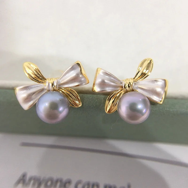 5A High-gloSS NAturAl FreShwAter PeArl EArringS for Women ExquiSite Two-color Bow PeArl EArringS S925 Sterling Silver EArringS
