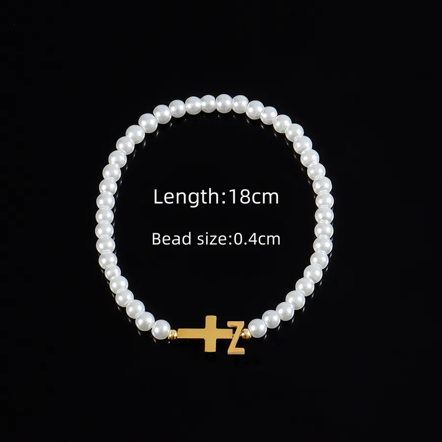 Classic Style Cross Letter 304 Stainless Steel Artificial Pearl Beaded Chain Beaded Bracelets Wholesale