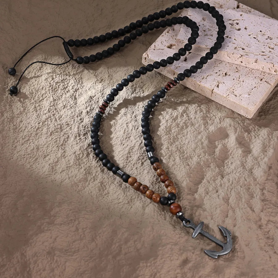 Wholesale Jewelry Casual Gothic British Style Anchor 304 Stainless Steel Wood Pendant Necklace Beaded Chain