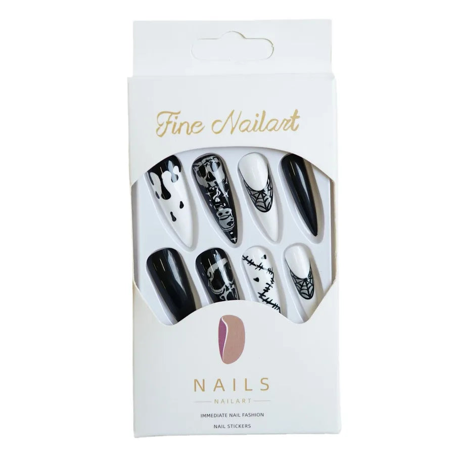 24 pcs/box Wholesale Wound Skeleton Long Pattern Nails Halloween Ghost Spider Web Press on Nail